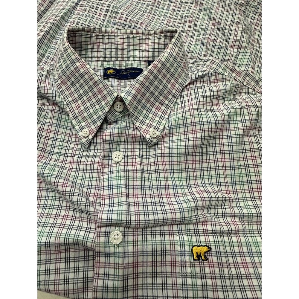 Jack Nicklaus Shirt Mens Large Blue Red Plaid Button Up Golden Bear 100% Cotton
